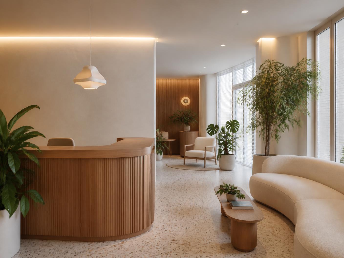 Recepção de clínica moderna com bancada curva e plantas