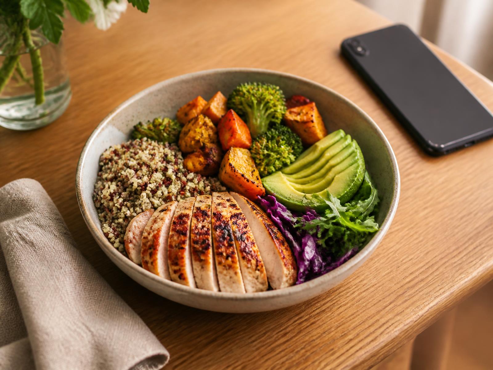 Mesa com alimentos frescos e um celular