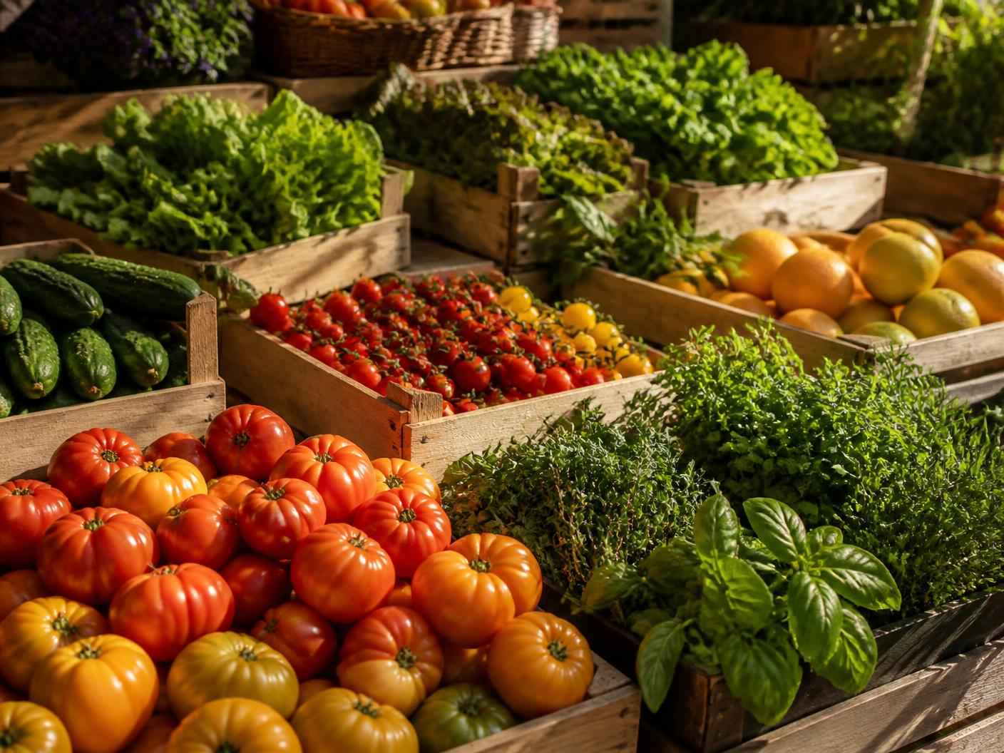 Feira com caixas de frutas, verduras e ervas frescas