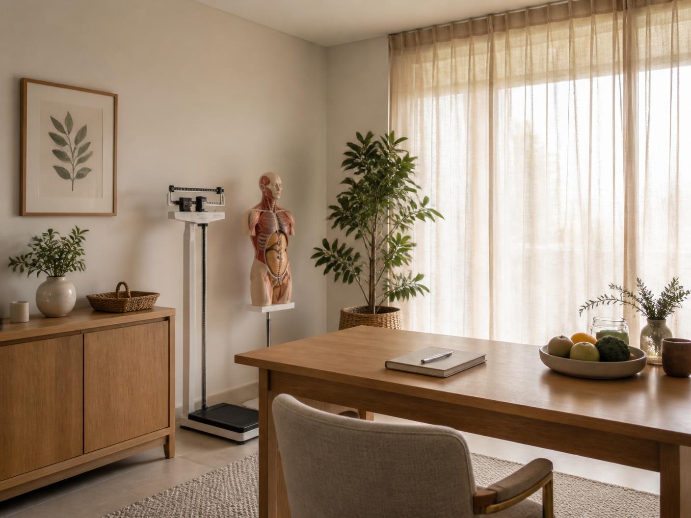 Consultório com mesa de madeira e luz natural